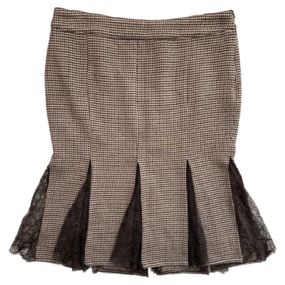 VALENTINO R.E.D Houndstooth Print Brown Wool Lace Inset Pleated Skirt IT 38 US 2 - Picture 2 of 10